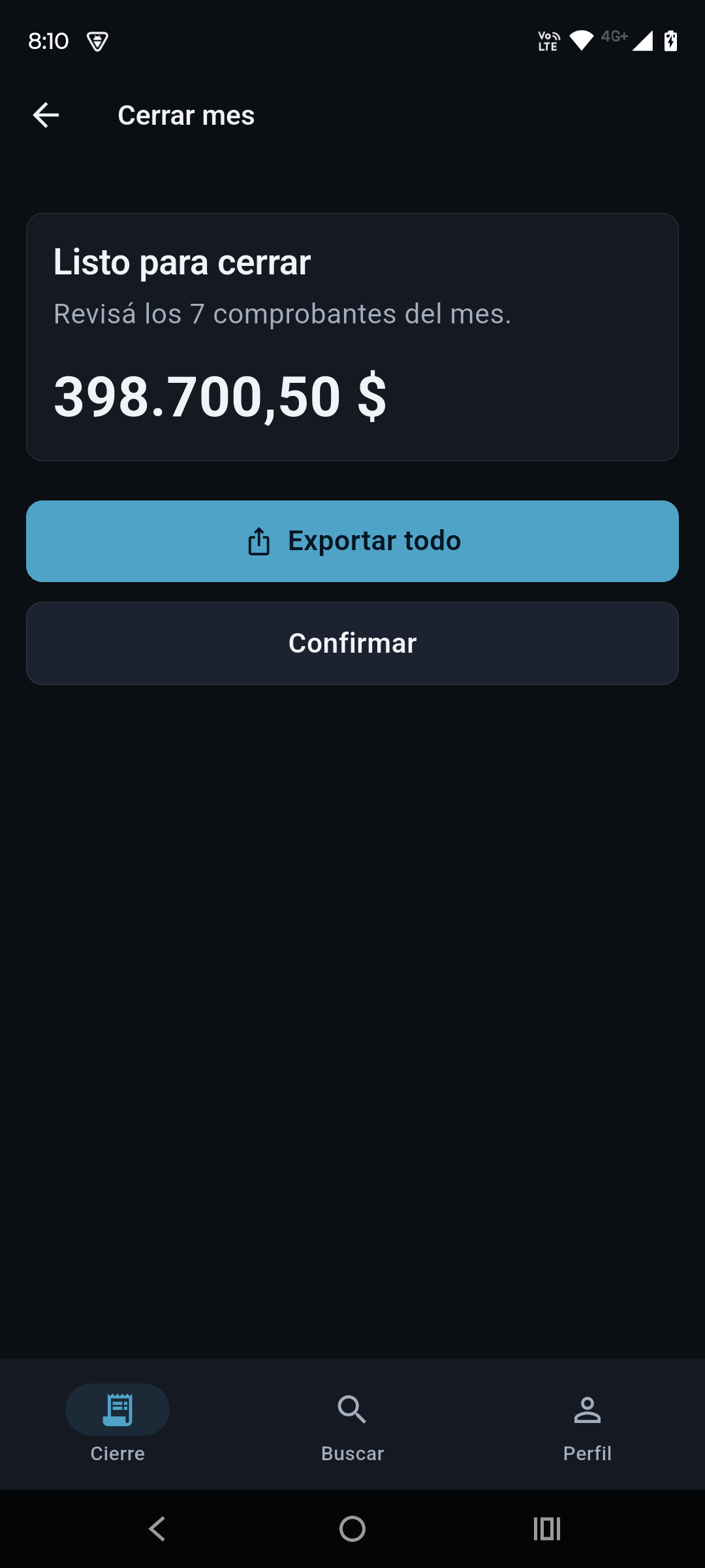 Pantalla para cerrar el mes y exportar