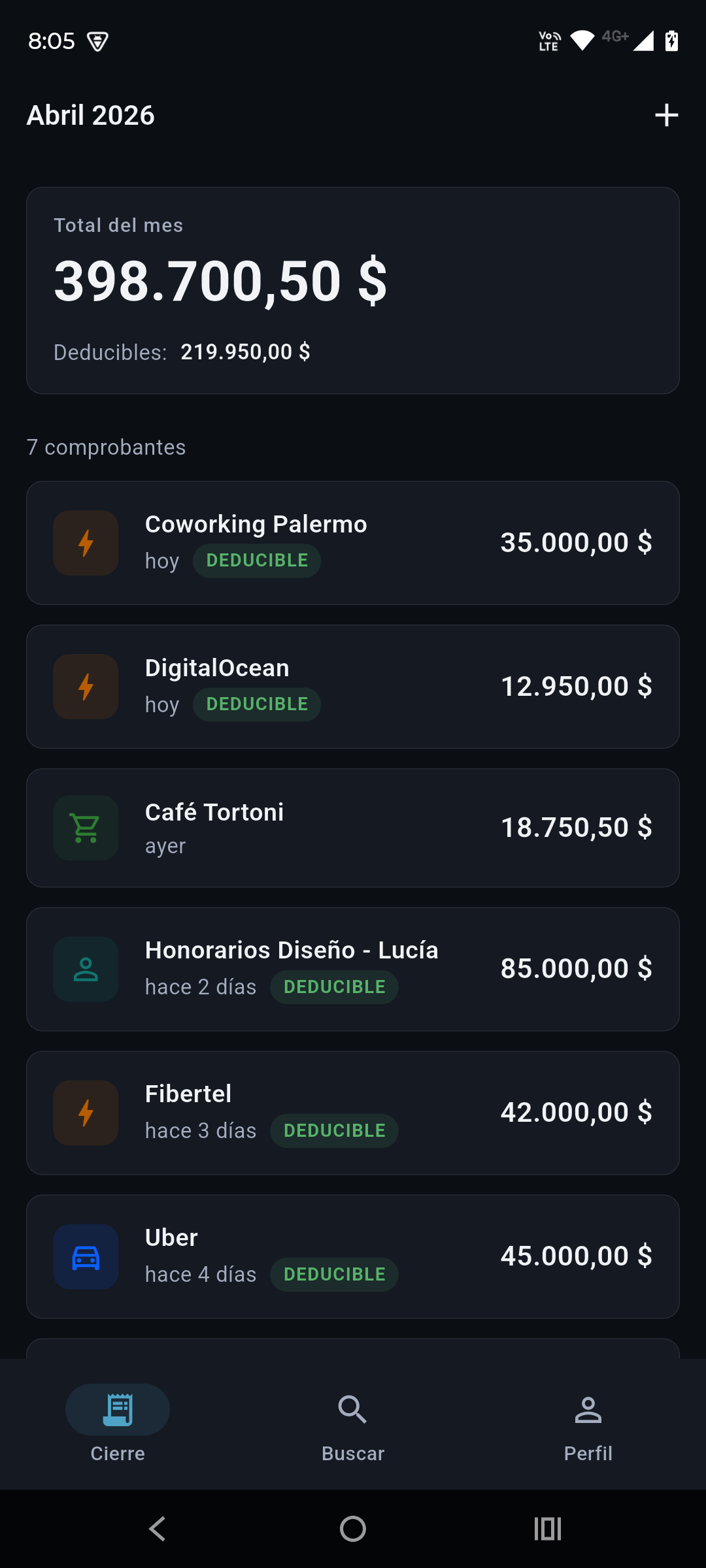 Vista de cierre mensual con listado de comprobantes