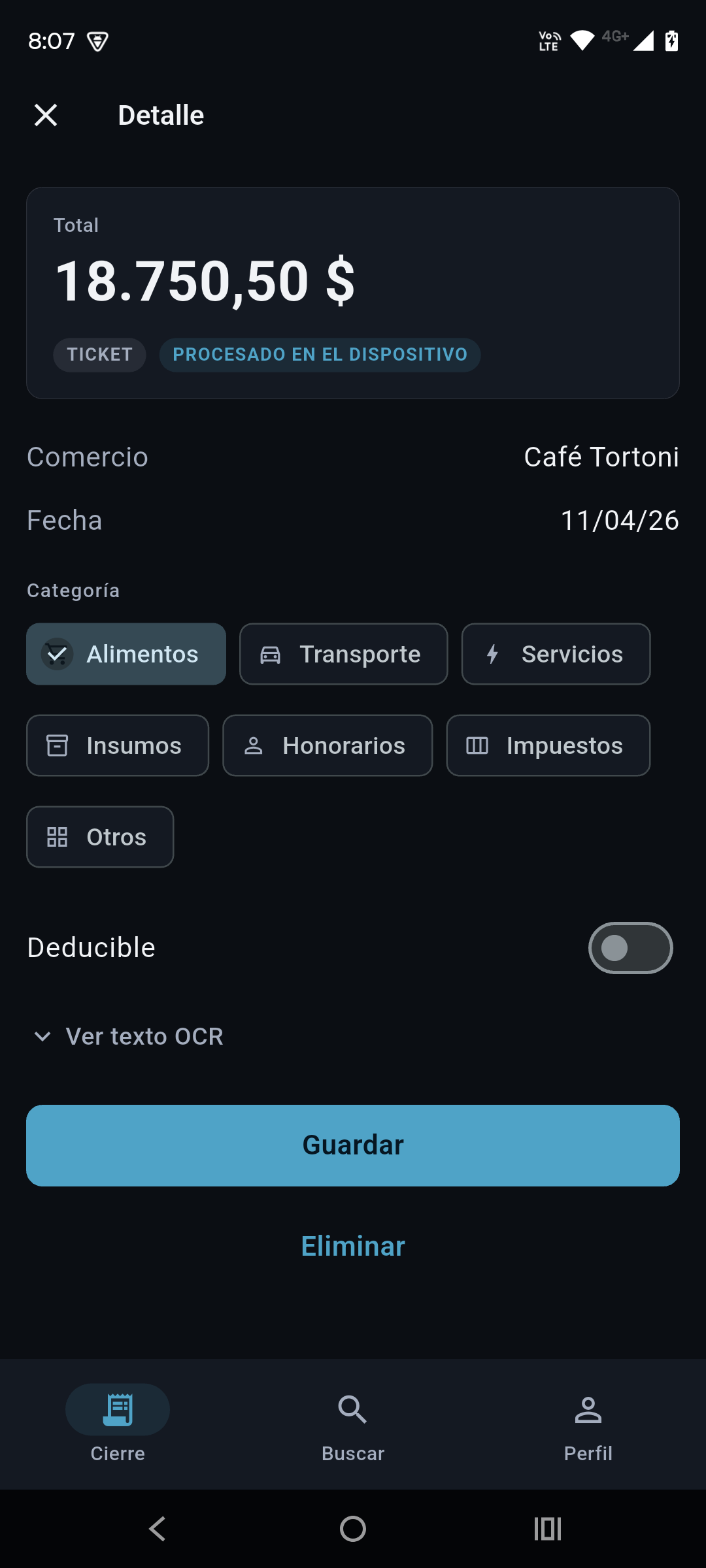 Detalle de comprobante con datos del OCR