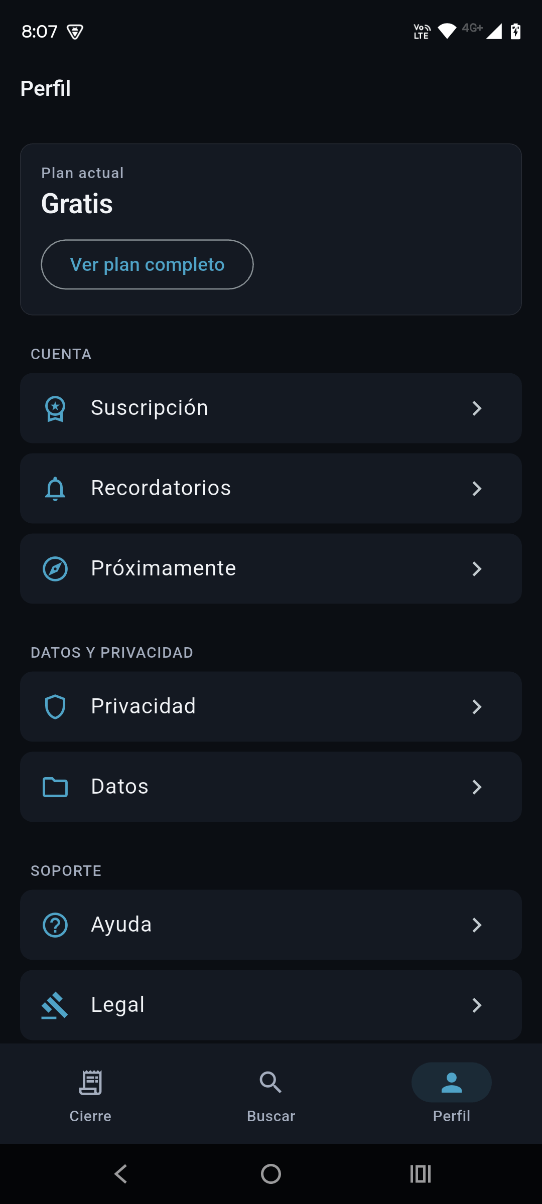 Perfil con configuración y privacidad